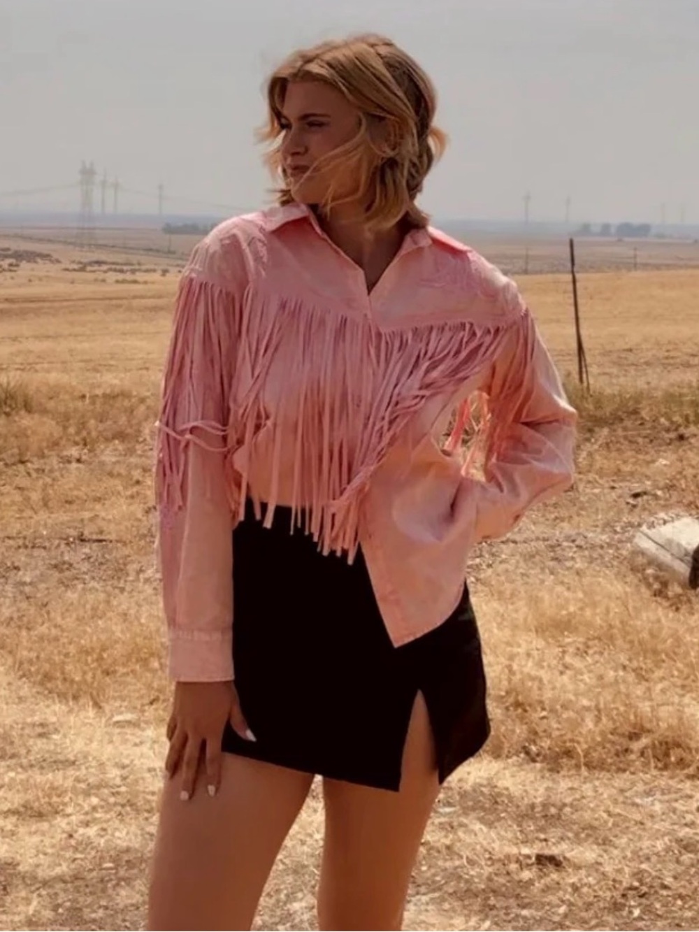 NWT BLUE B pink fringe acid washed embroidered western shirt size small rodeo